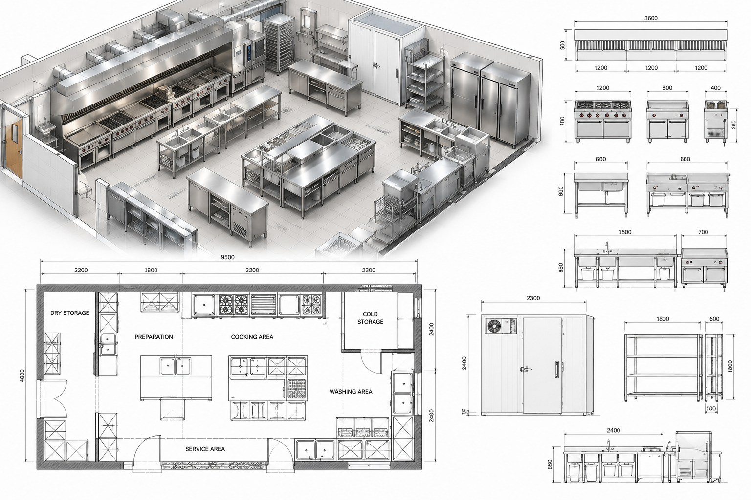 Commercial kitchen CAD technical drawing for equipment and space planning