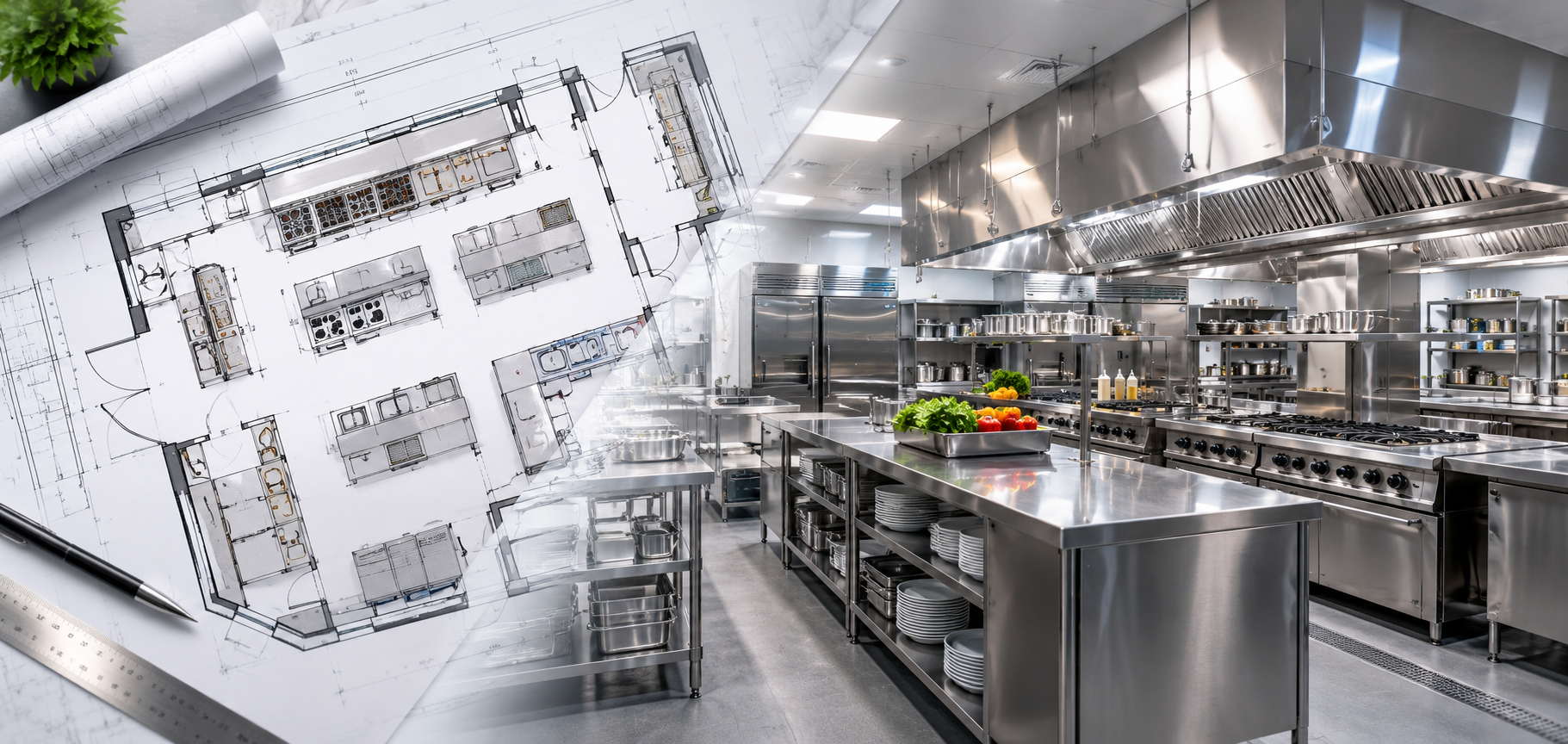 Commercial kitchen planning illustration comparing technical layout and finished kitchen