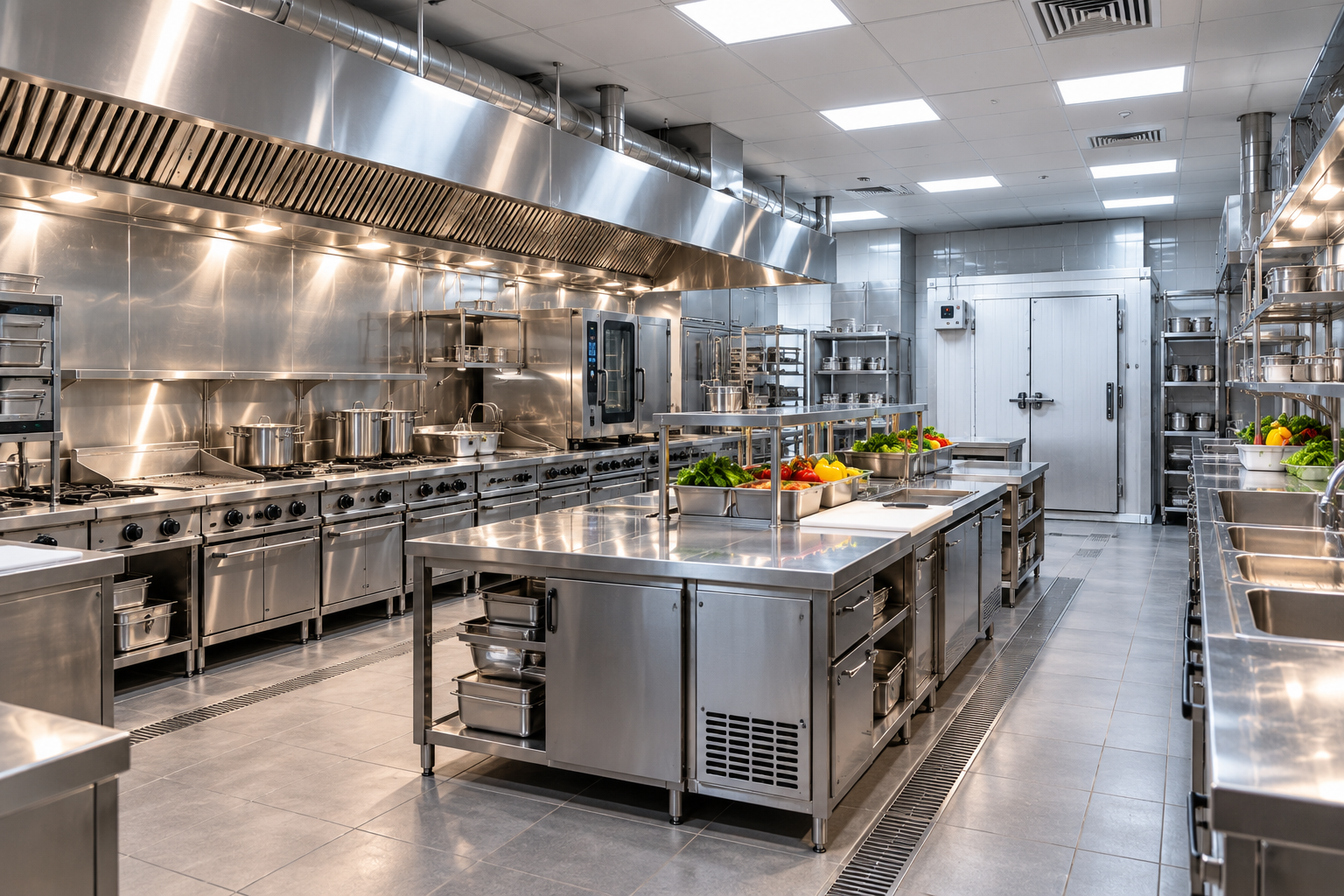 Completed commercial kitchen with stainless steel cooking equipment and exhaust ventilation