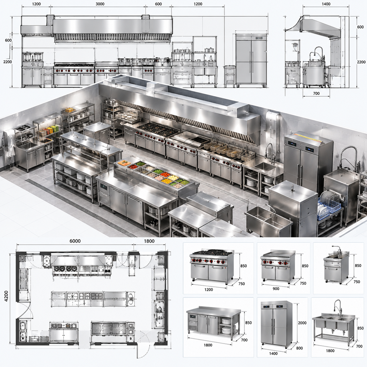 Detailed commercial kitchen equipment layout and technical CAD drawing