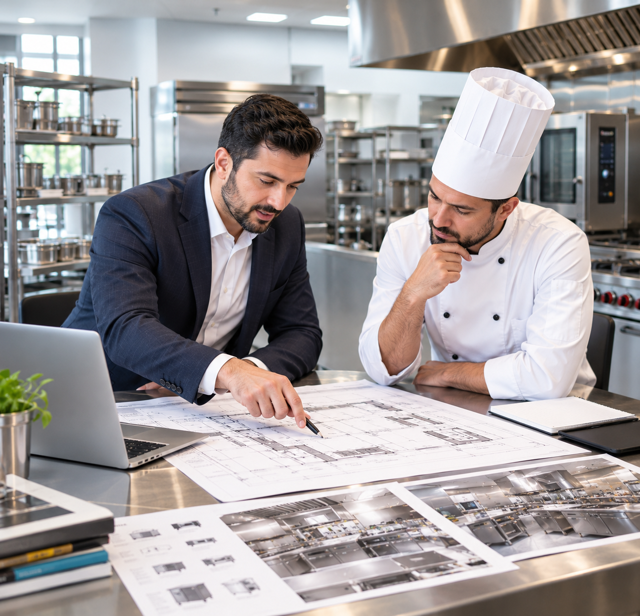 Commercial kitchen planning consultation with chef reviewing a kitchen floor plan