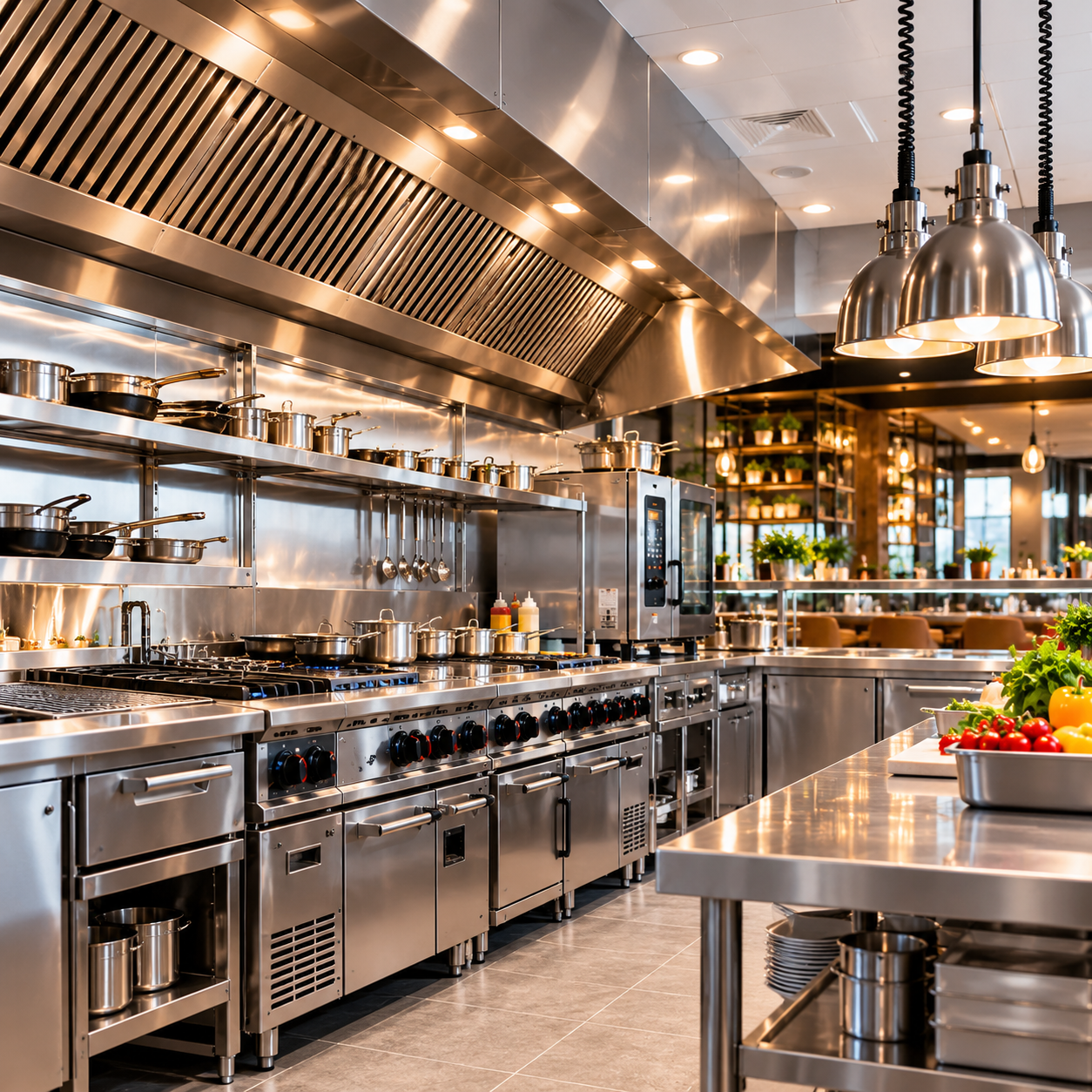 Commercial restaurant kitchen with stainless steel cooking equipment