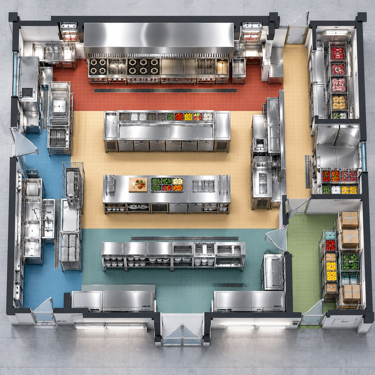Top view commercial kitchen CAD floor plan showing cooking preparation washing and storage zones