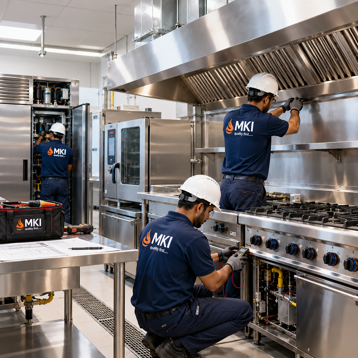 Installed stainless steel commercial kitchen equipment with cooking line and extraction system