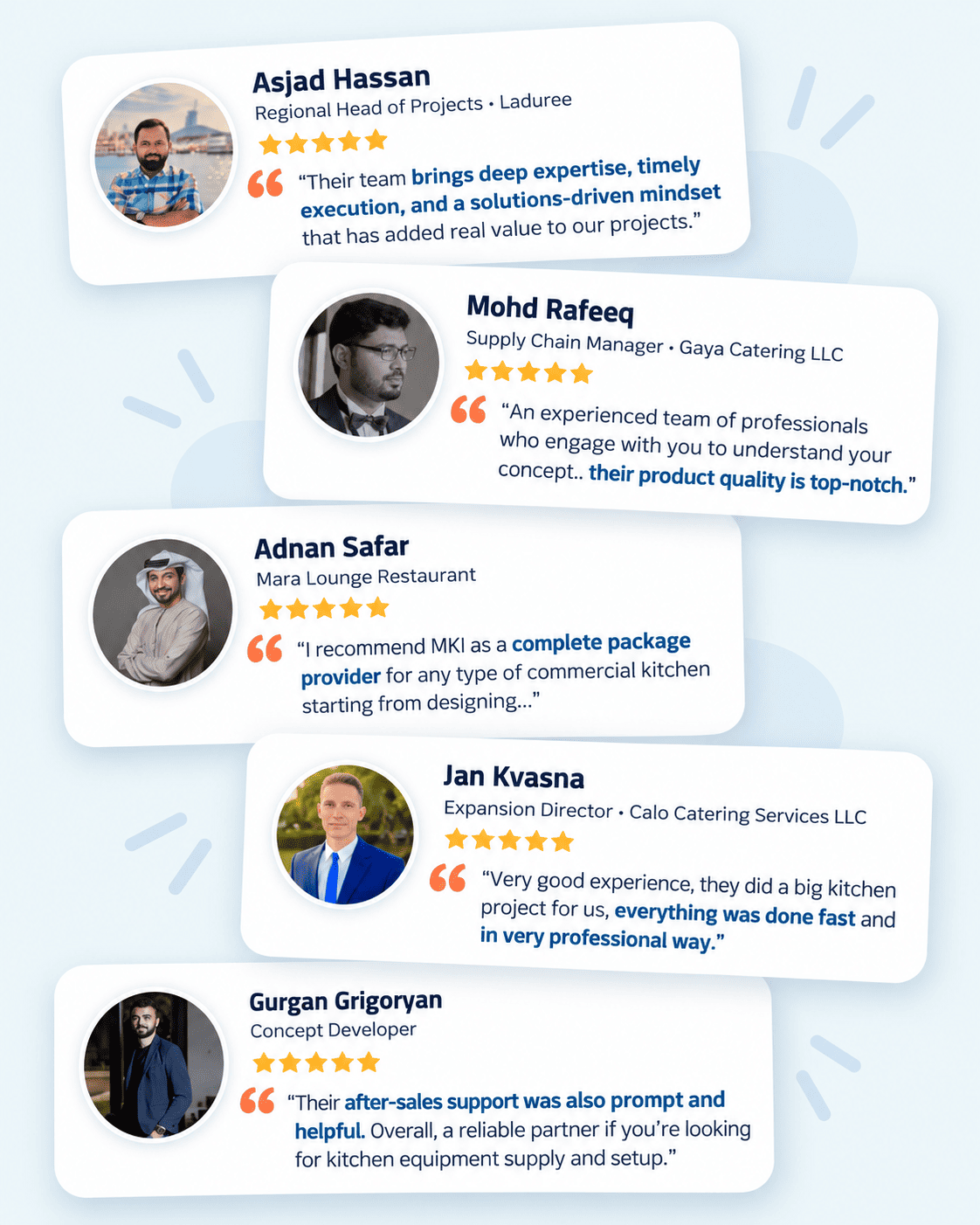 Collage of MKI client review excerpts from Asjad Hassan, Mohd Rafeeq, Adnan Safar, Jan Kvasna and Gurgan Grigoryan