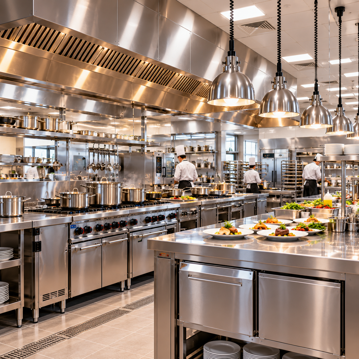 Professional hotel kitchen with commercial cooking equipment